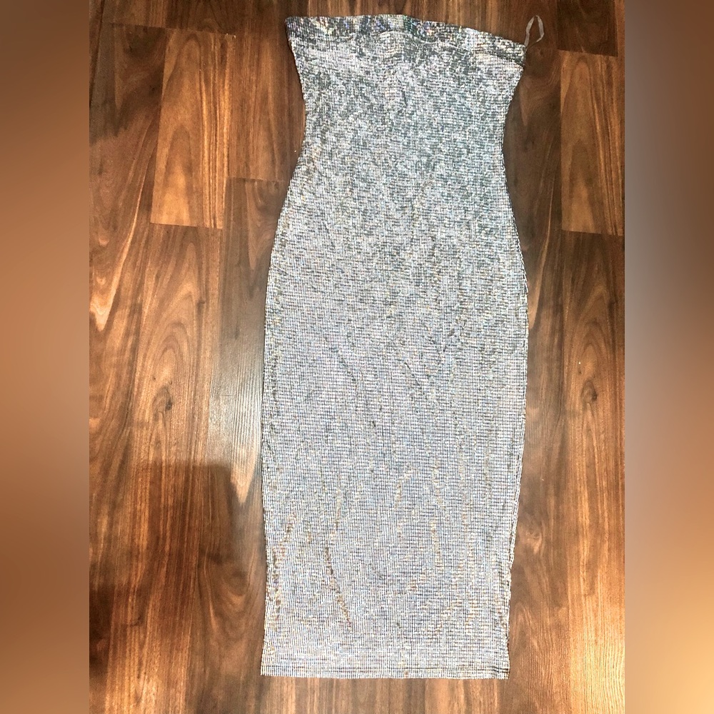 Long metallic silver tube dress
